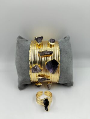51 Bracelet et Bague dorés avec pierres brutes
